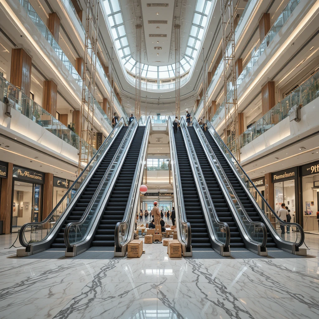 Luxury mall interior under construction with new escalators