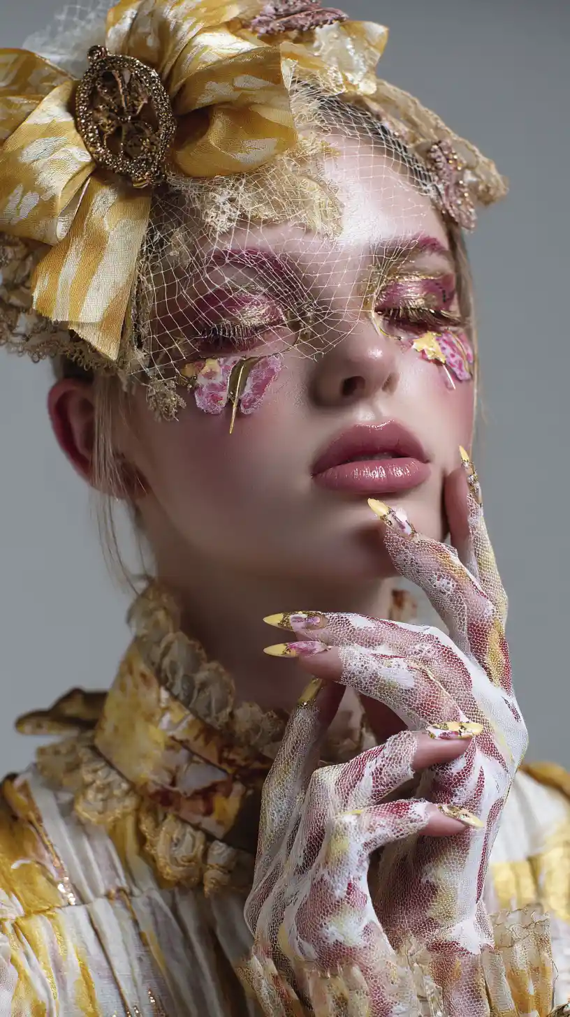 Bold glitchy glam nail art with lace inspired beauty