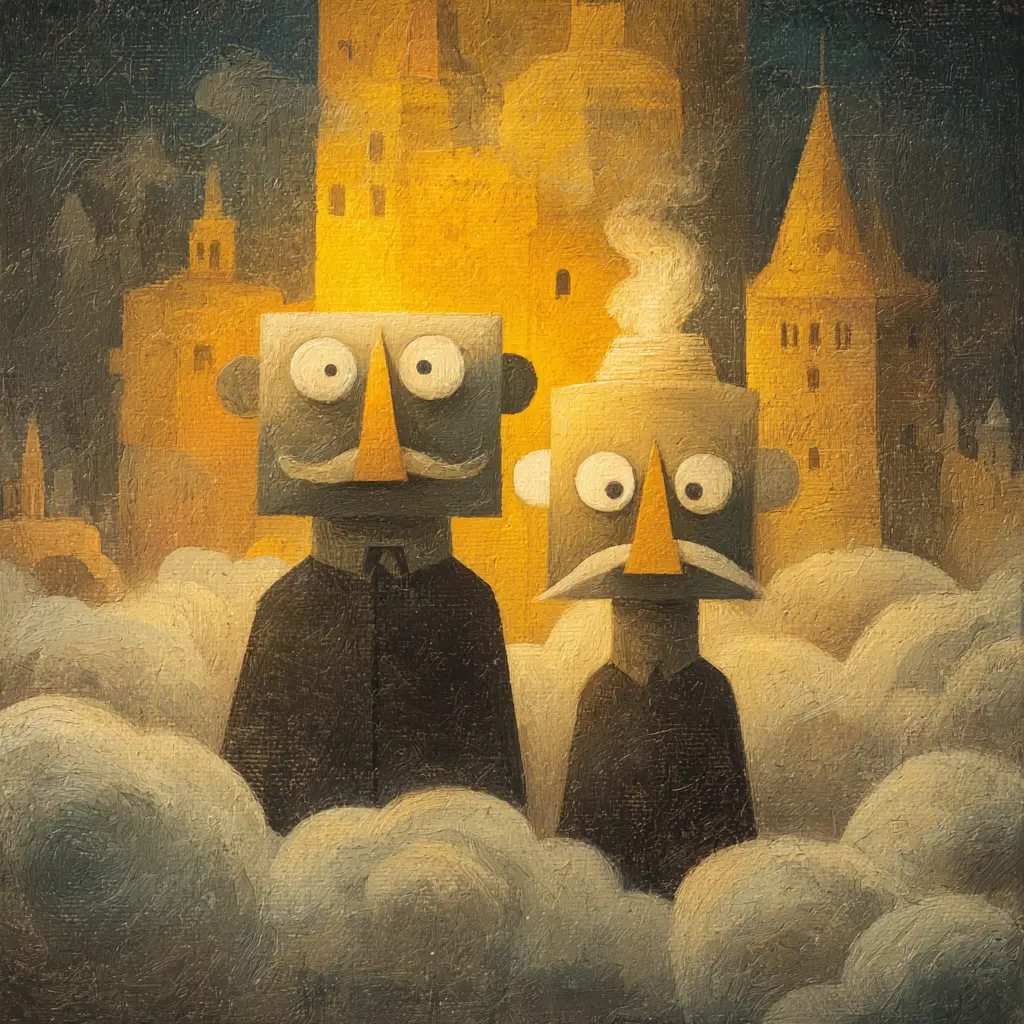 Surreal cartoon boys wandering through a cathedral of clouds