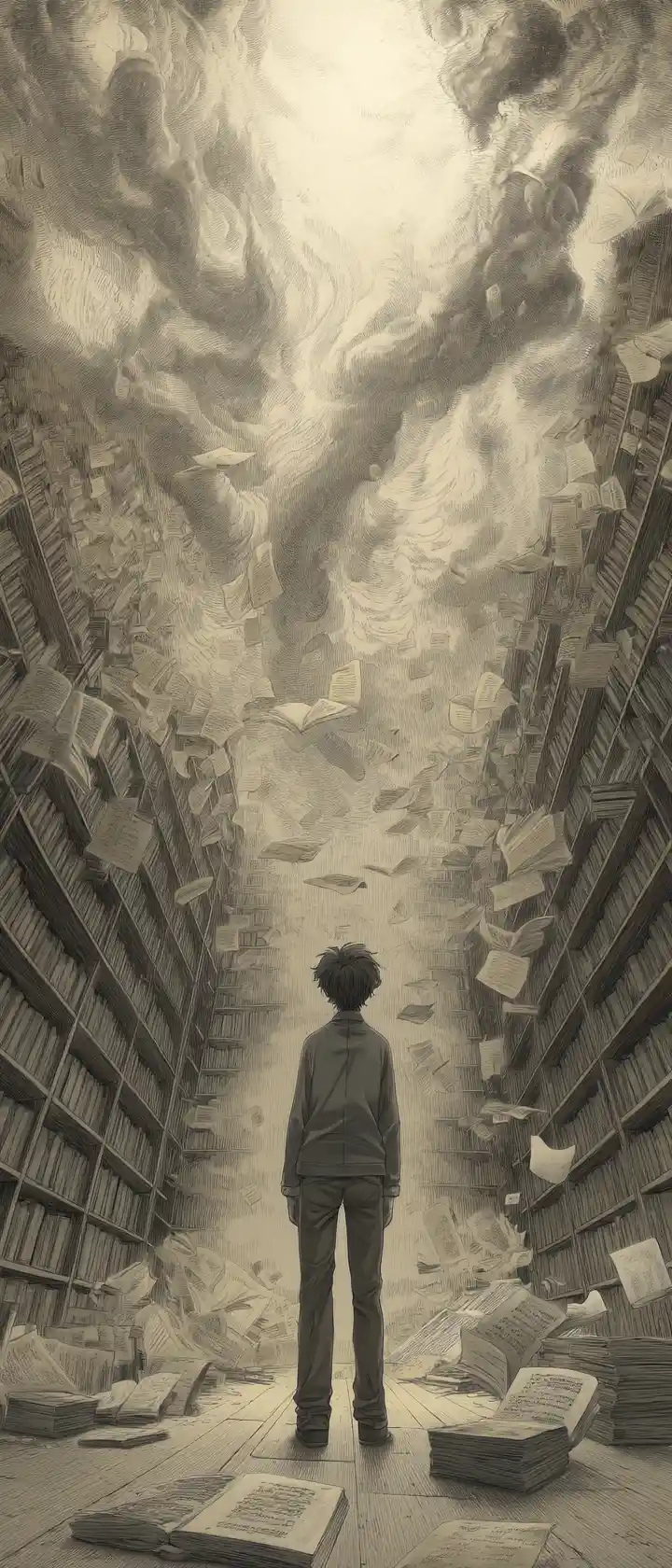 Young man surrounded by swirling torn pages in library