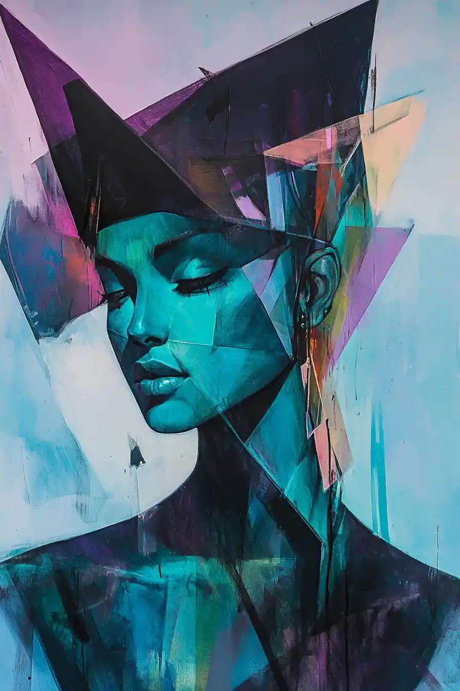 Androgynous teal figure in surreal abstract geometric space