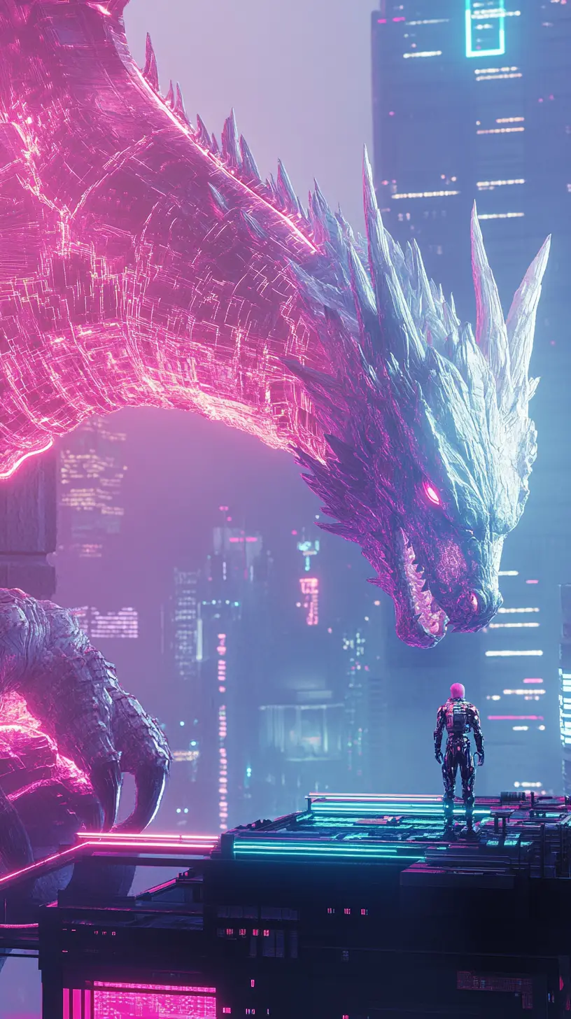 Crystal dragon and cybernetic pilot on neon landing pad