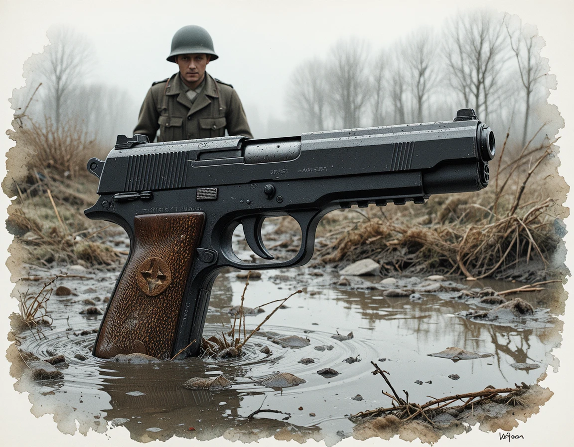 Primo piano di una pistola usurata distesa in un campo di battaglia fangoso