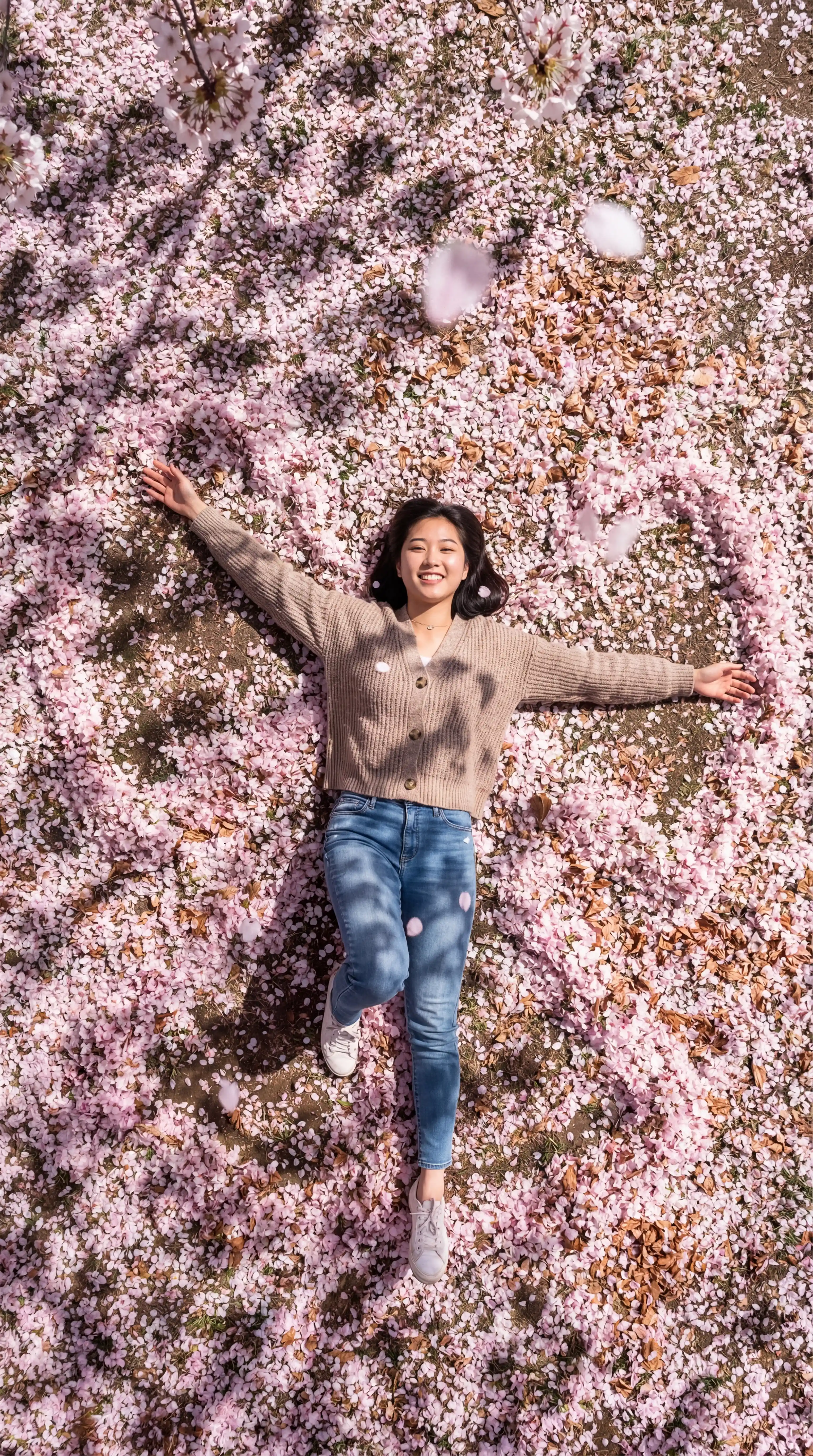 Asian girl making an angel in fallen cherry blossoms