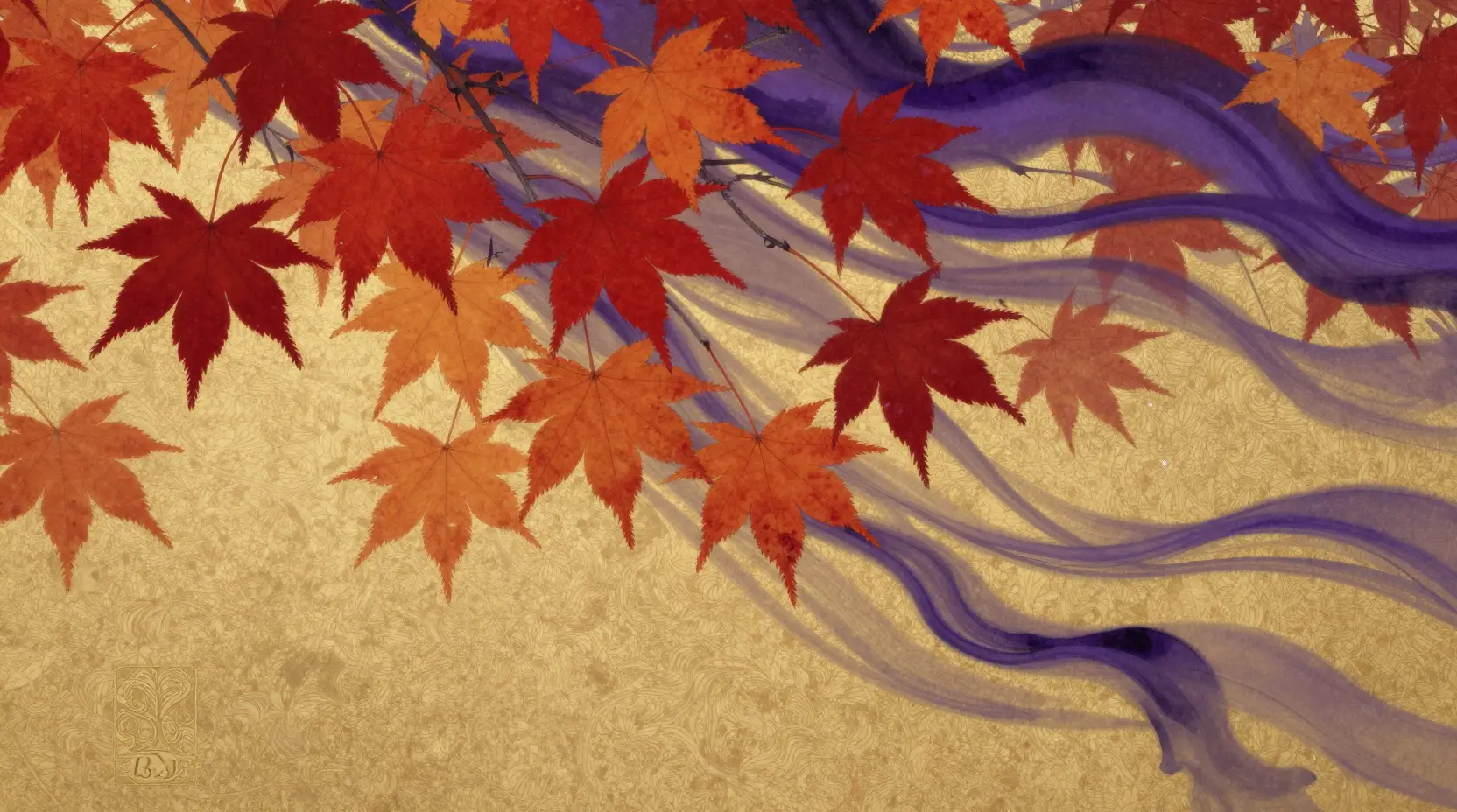 Maple leaves swirling across shimmering golden abstract ground
