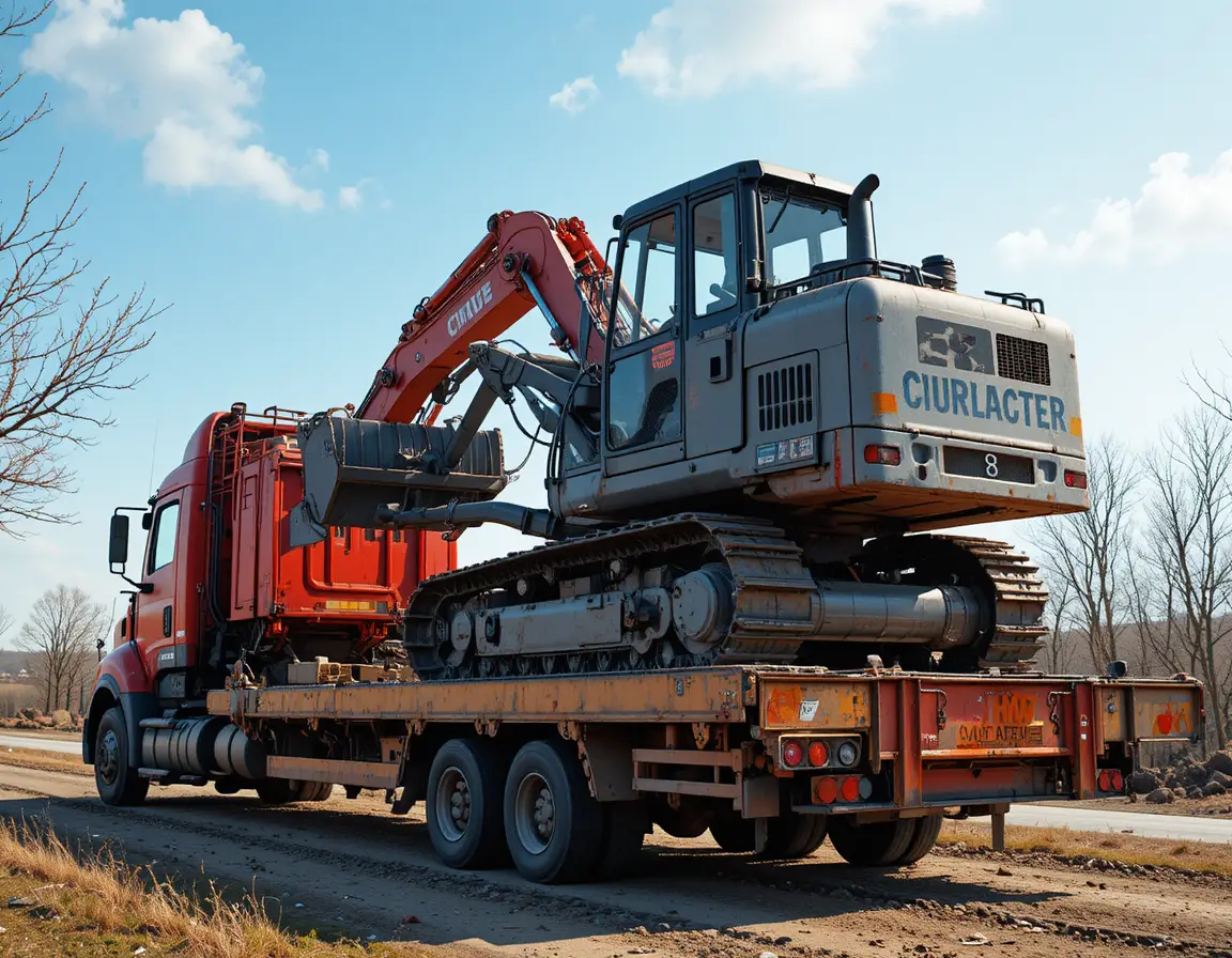 Red excavator transporting grey bulldozer on construction site
