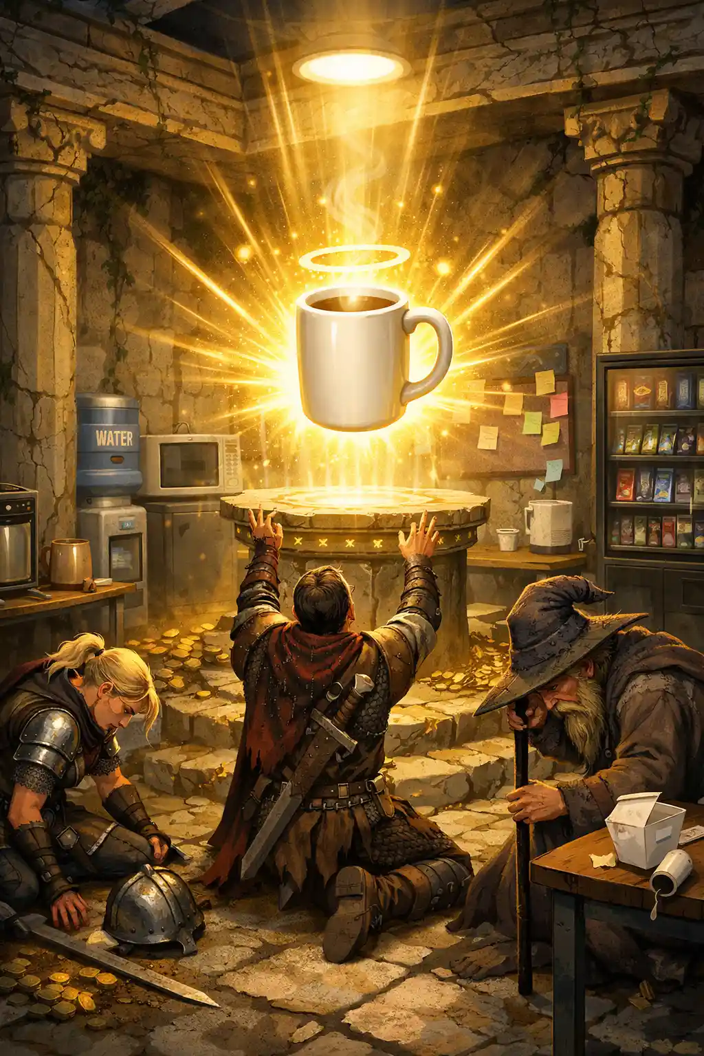 Fantasy office adventurers worship a glowing coffee mug