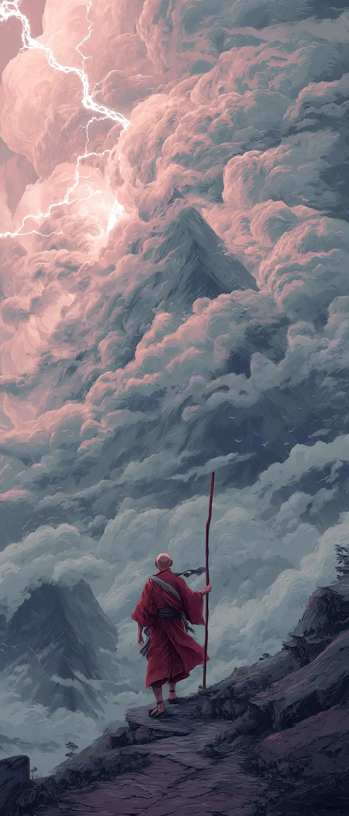 Monk Climbing Stormy Sacred Mountain In Tranquil Resolve