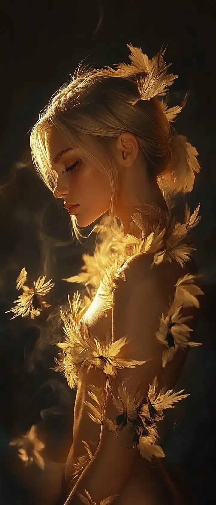 Slender blonde woman adorned with golden flowers and feathers