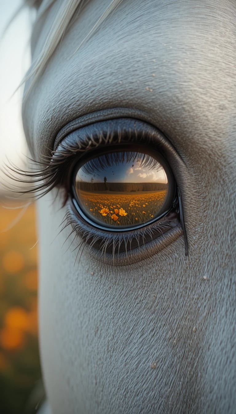 Extreme close up of a white horse eye with flower reflection