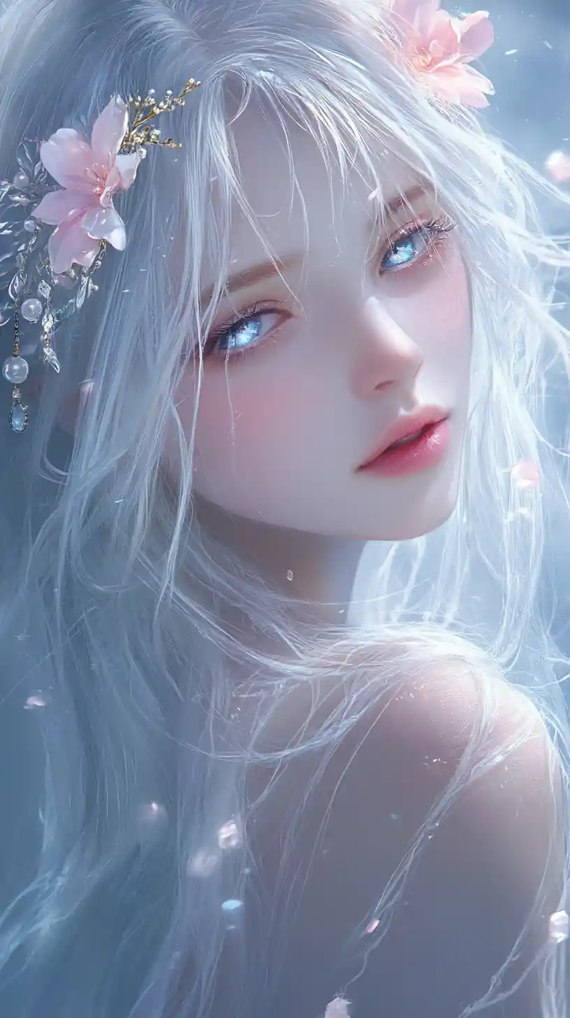 Chica de fantasía de cabello plateado con flores y luz resplandeciente