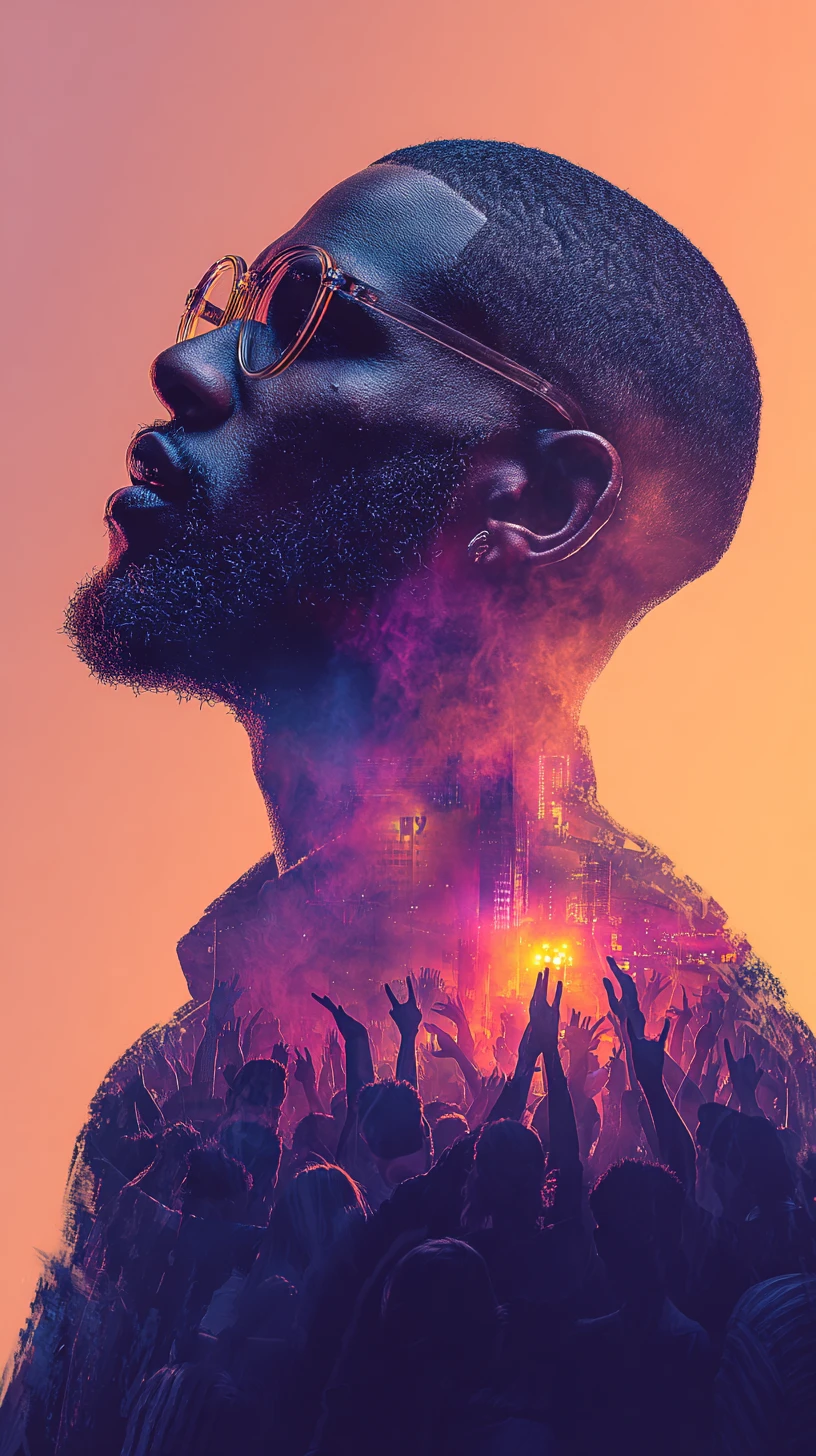 Retrato cinematográfico de doble exposición de hombre afro con estilo