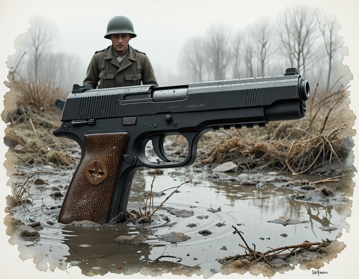 Primo piano di una pistola usurata distesa in un campo di battaglia fangoso