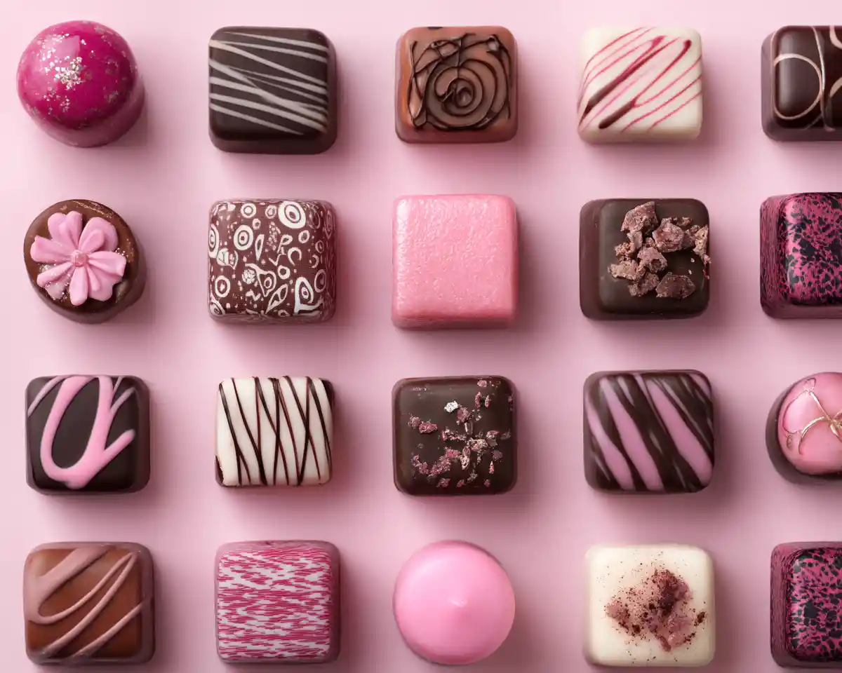 Flat lay of gourmet chocolates and pink dessert sweets