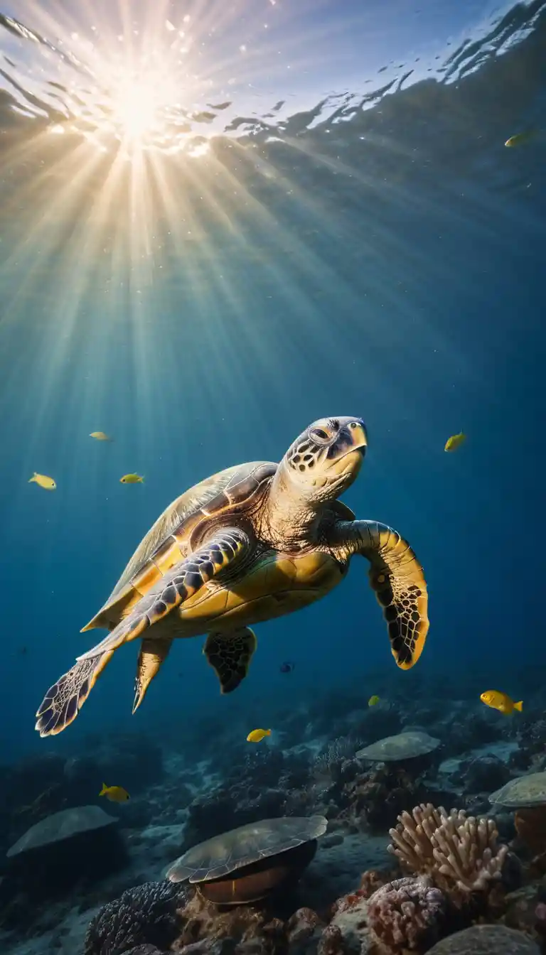 Sea turtle swimming peacefully through sunlit Pacific ocean water