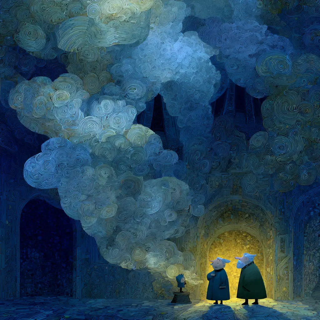 Surreal cartoon boys walking through a cathedral of clouds
