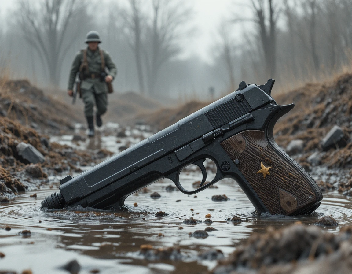 Primo piano di pistola usurata in trincea di guerra fangosa