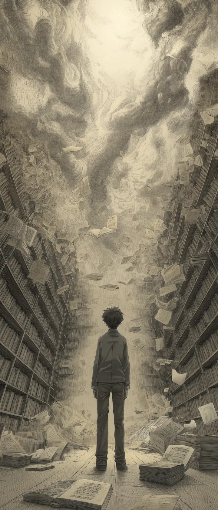 Young man surrounded by swirling torn pages in library