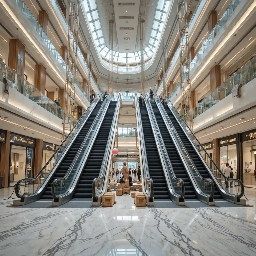Luxury mall interior under construction with new escalators
