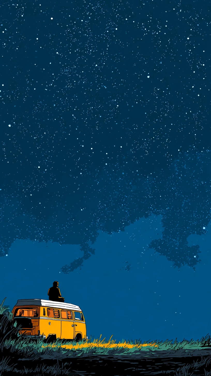 Uomo che Medita sul Tetto di un Furgone sotto un Cielo Notturno Stellato