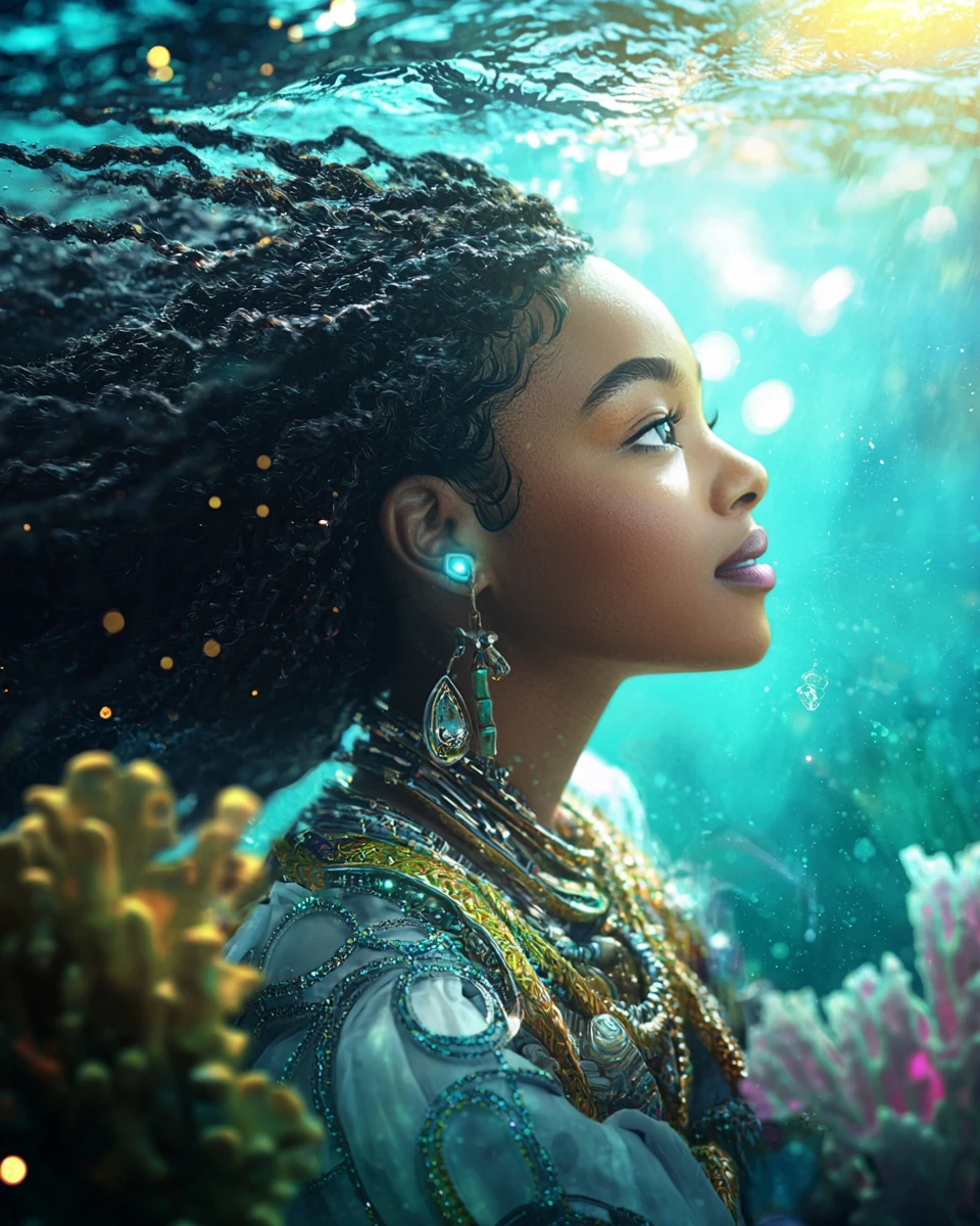 Majestueuse femme afrofuturiste émergeant de vagues océaniques lumineuses