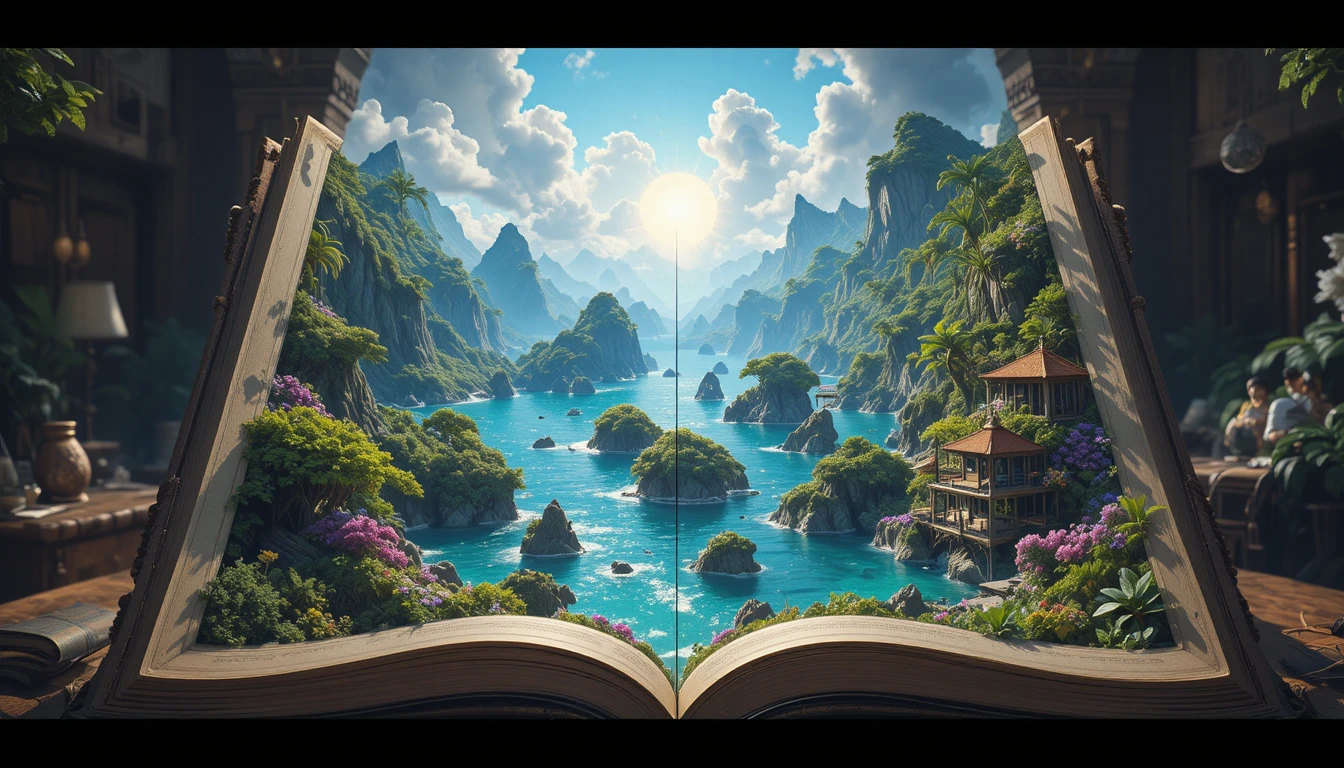Ancient Book Opening To A Three Dimensional Oceania Landscape