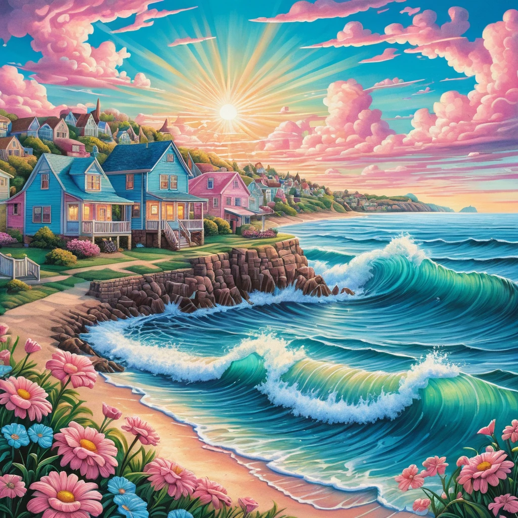 Colorful seaside town at sunrise in pencil illustration