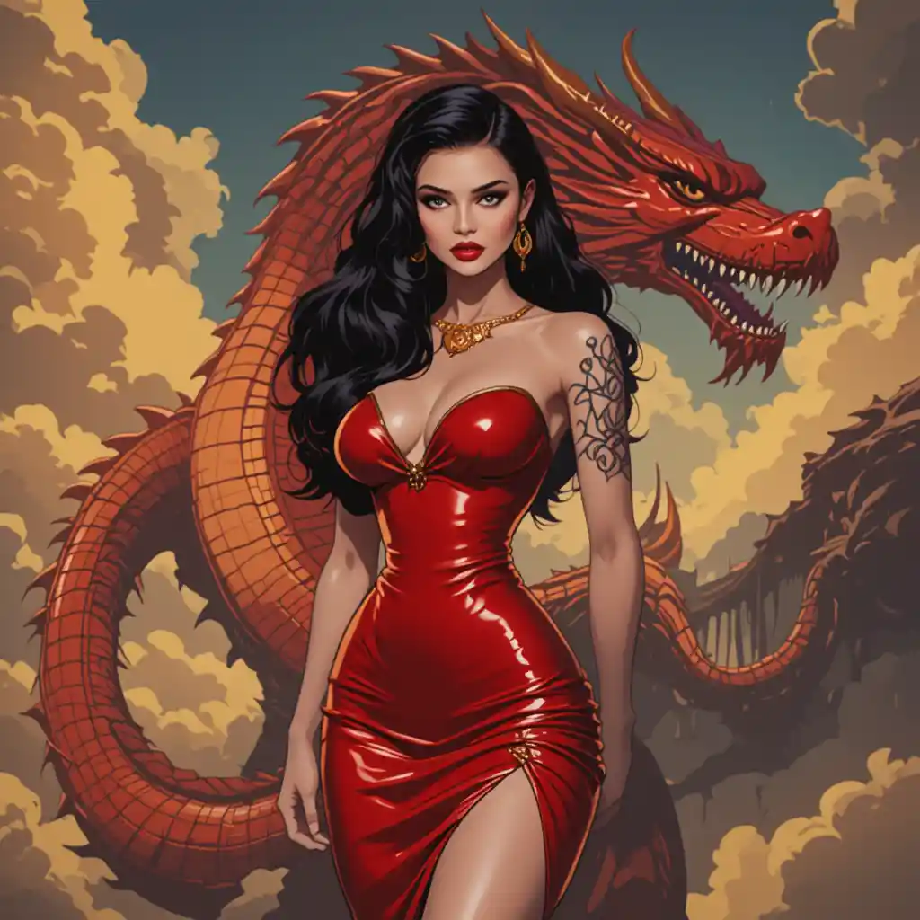 Glamorous Tattooed Woman In Red Dress With Giant Dragon
