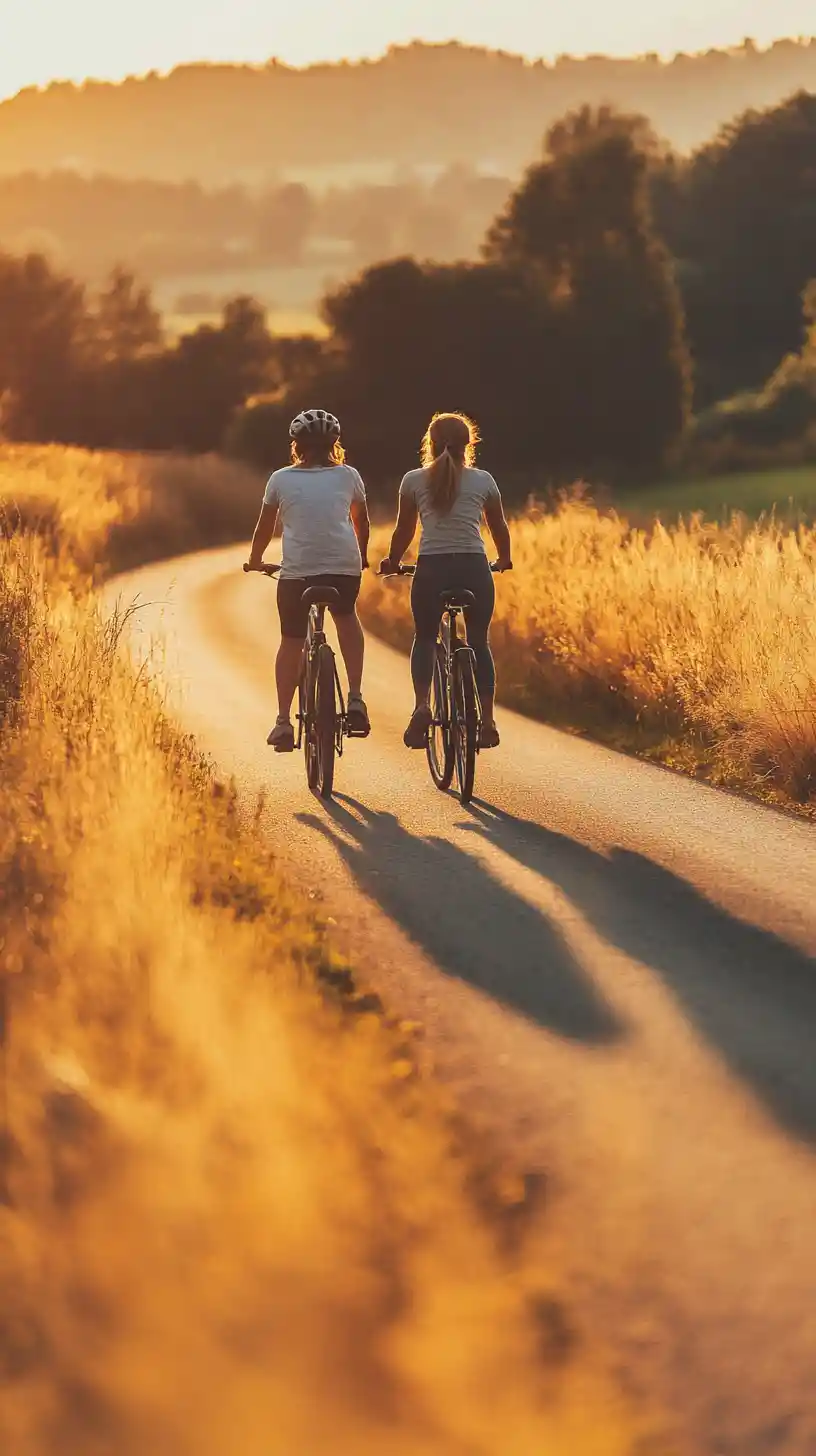 Deux amis à vélo sur une paisible route de campagne au coucher du soleil