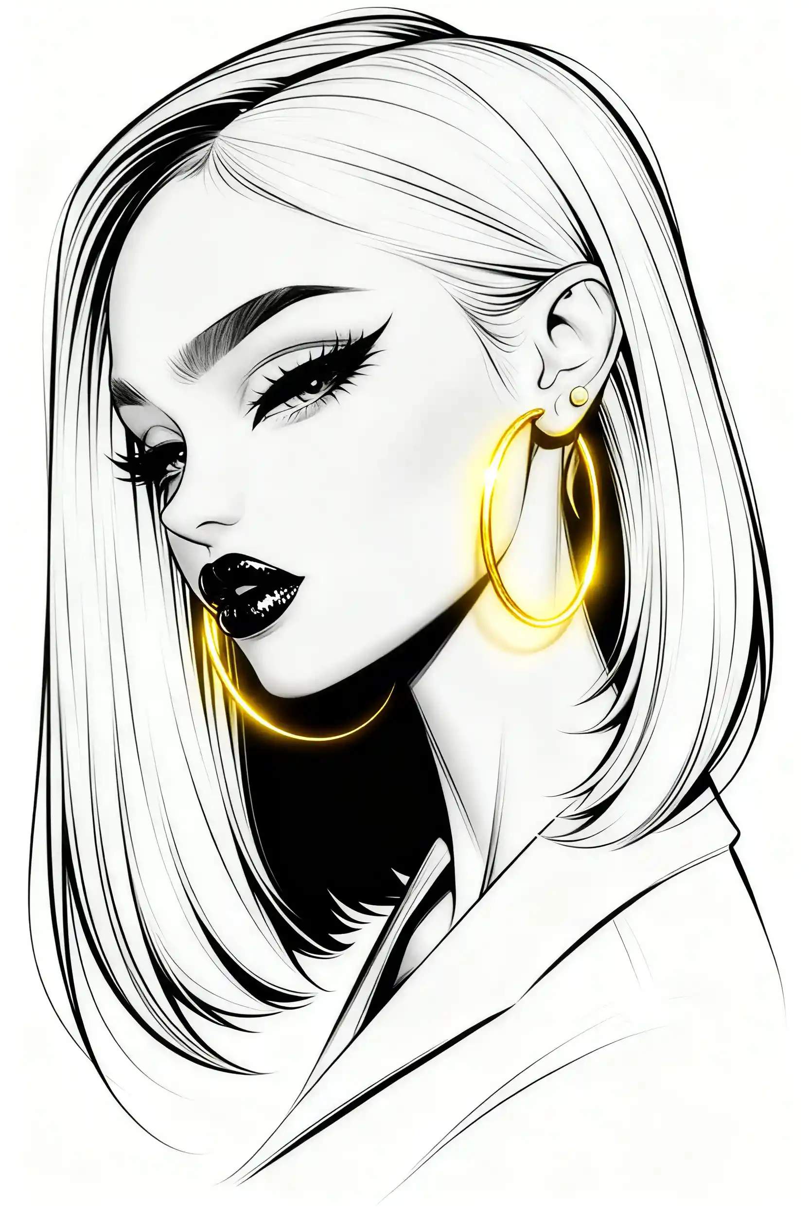 Black and white close up with glossy black lips and gold earrings