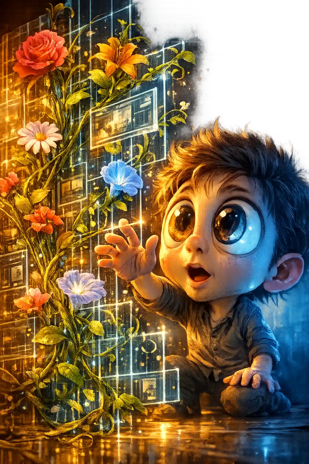 Surreal Man Reaching Toward Flowering Holographic Interface