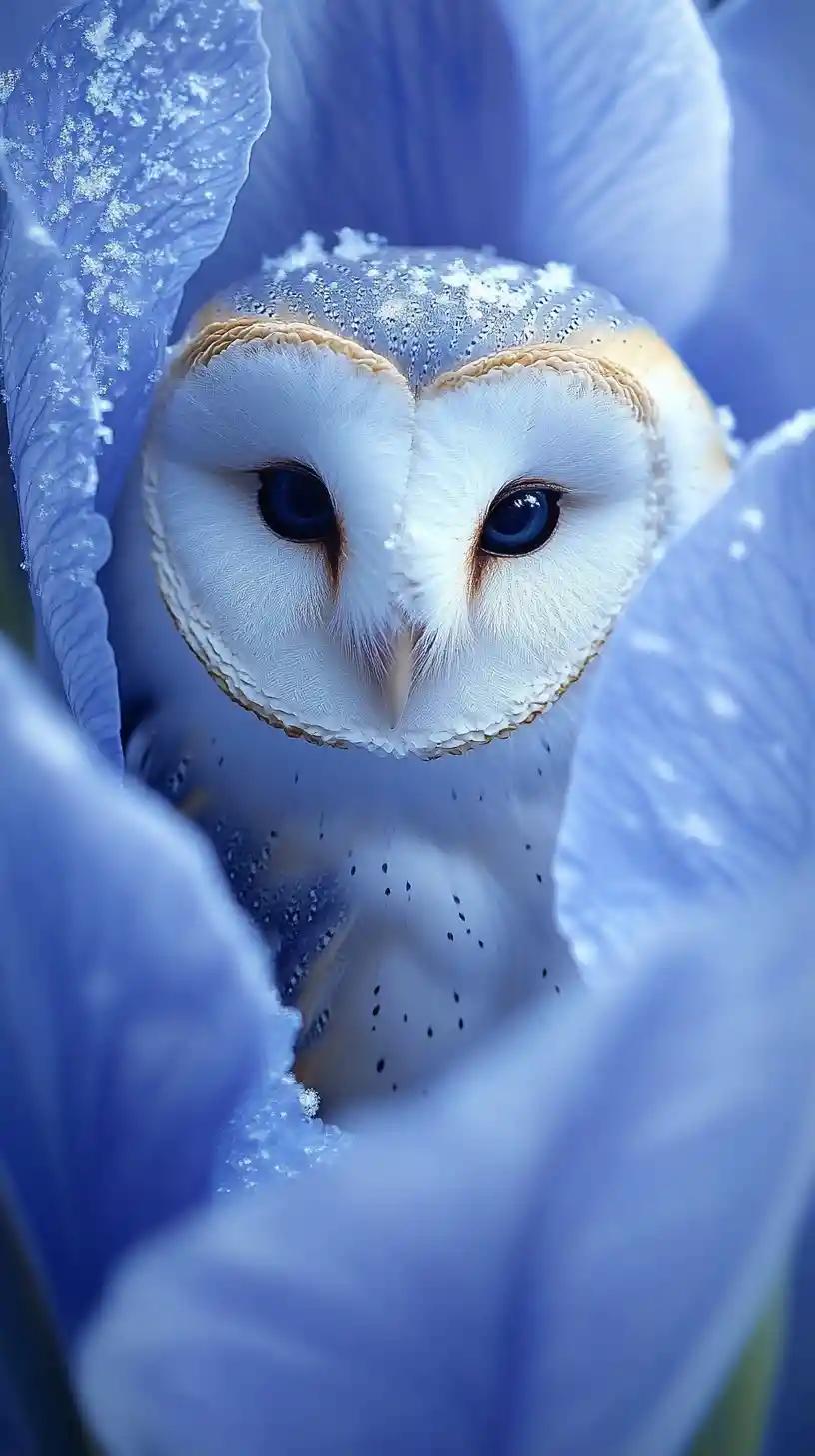 Snow owl in a mystical winter iris blossom