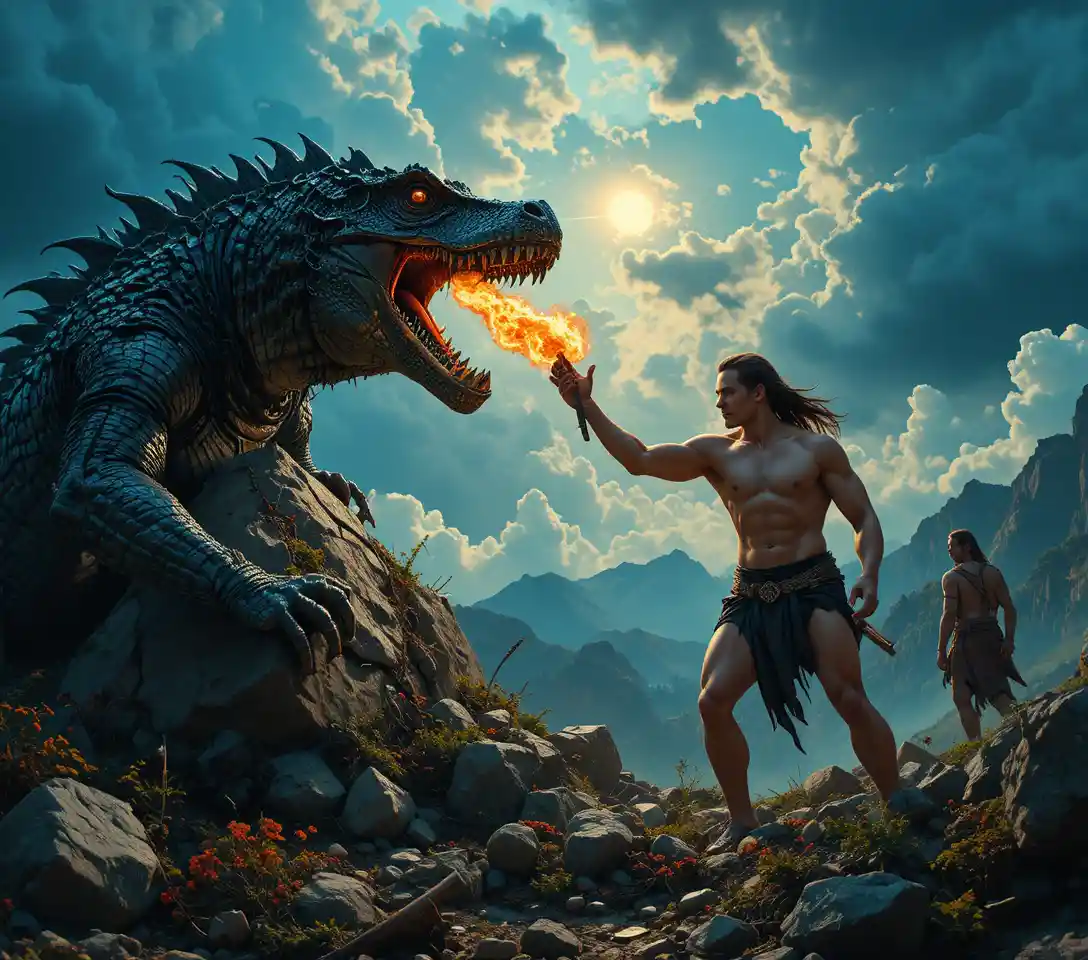 Fierce warrior woman riding a black fire breathing dragon