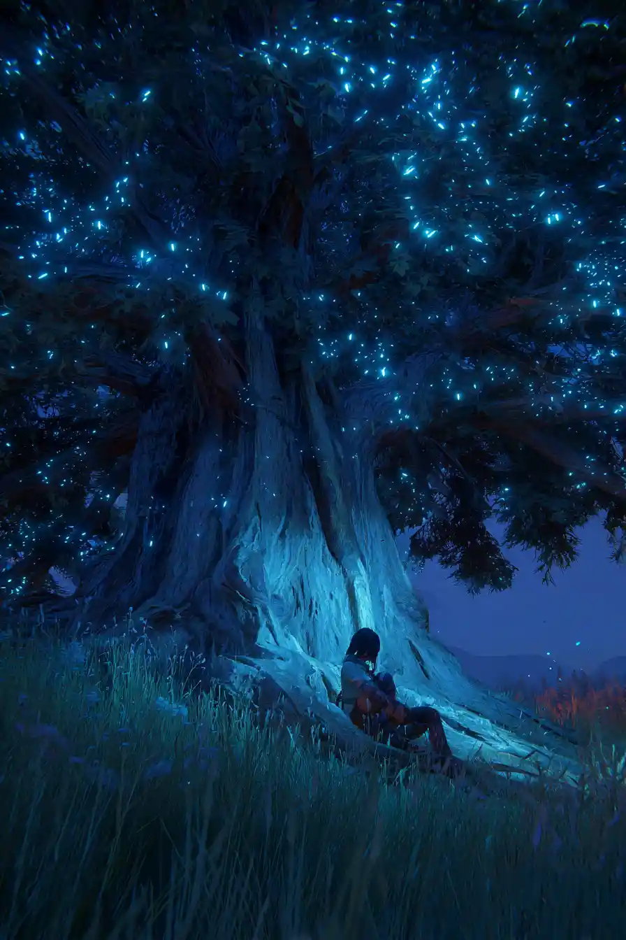 Woman grieving beneath an ancient tree at night