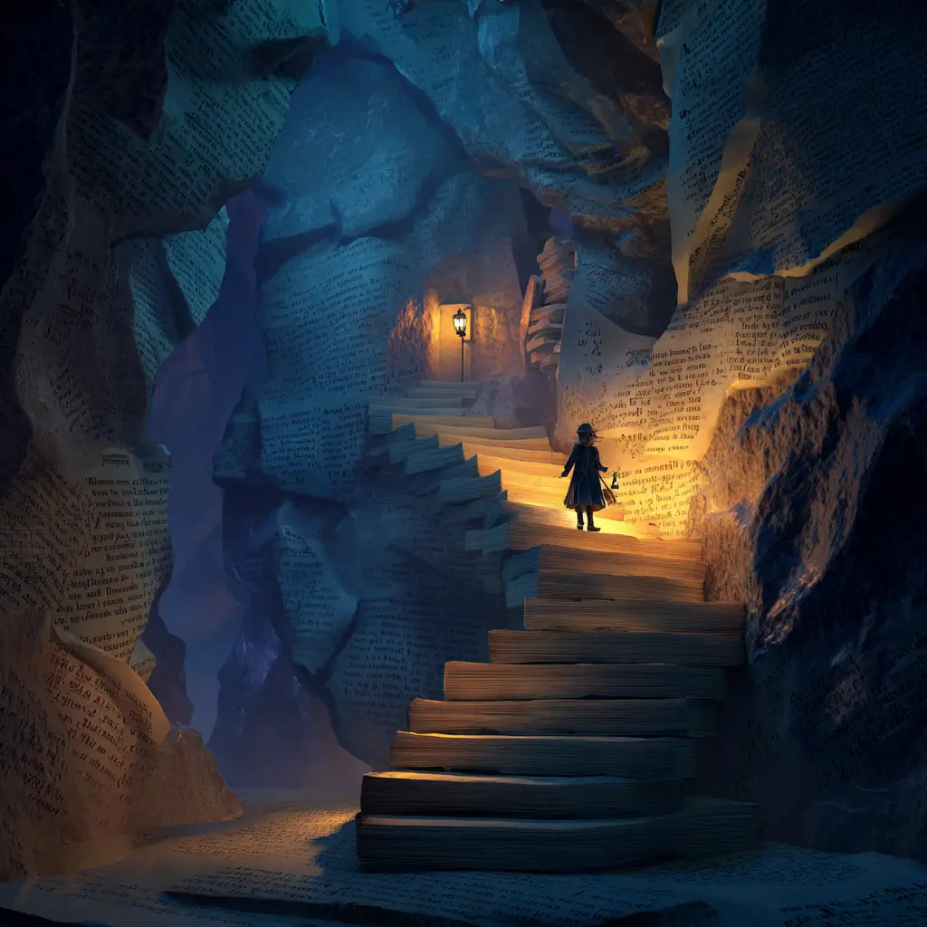Steampunk explorer climbing book page stairs in glowing cave