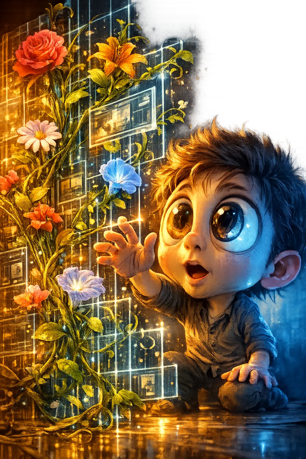 Surreal Man Reaching Toward Flowering Holographic Interface