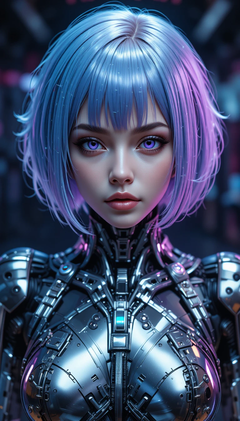 Cyberpunk mecha woman with luminous eyes and metal body