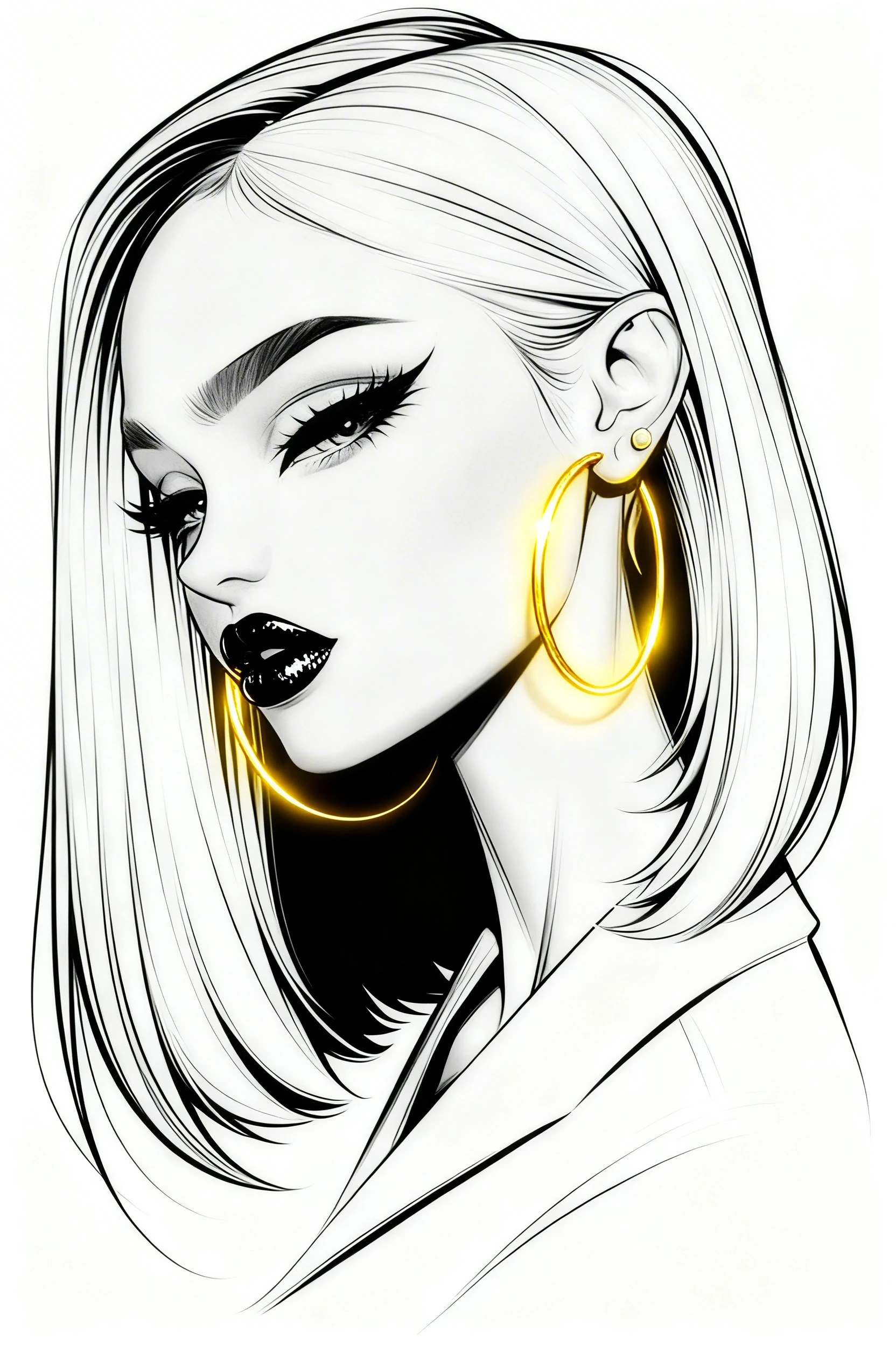 Black and white close up with glossy black lips and gold earrings