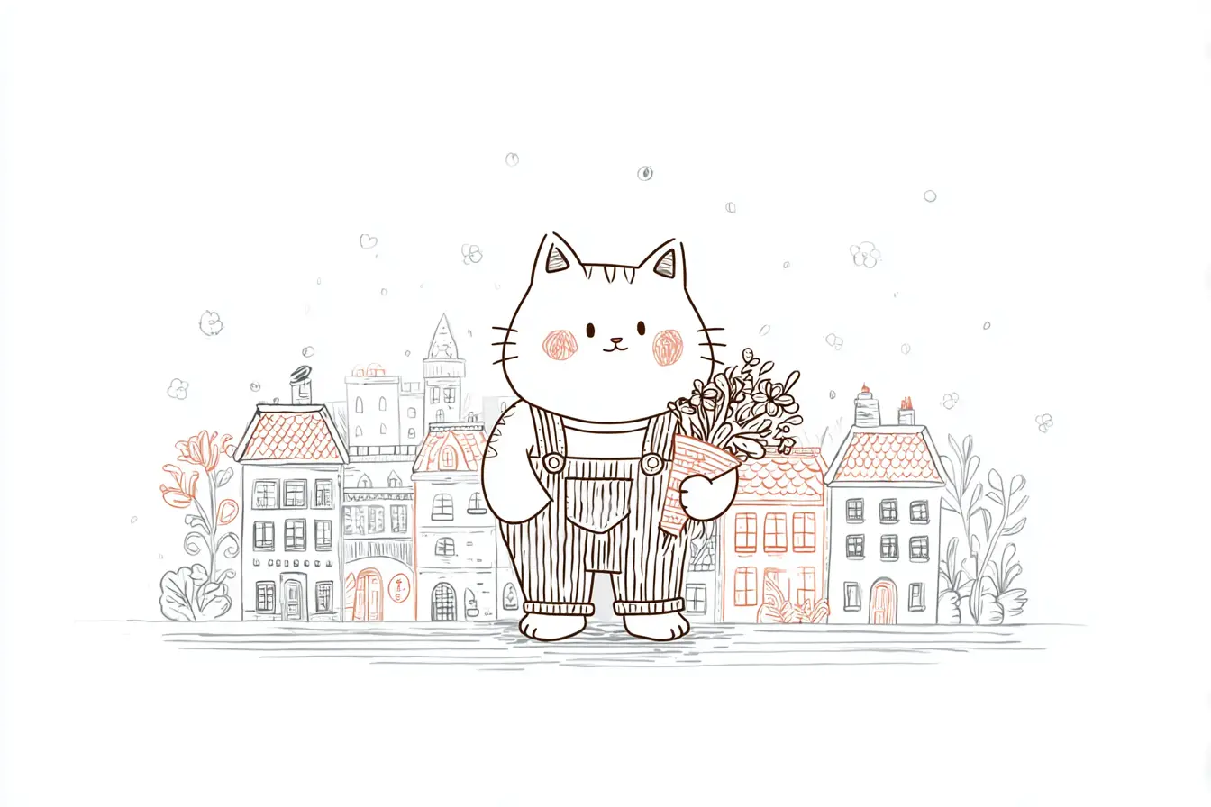 Fluffy cat in overalls with flowers in a pastel village