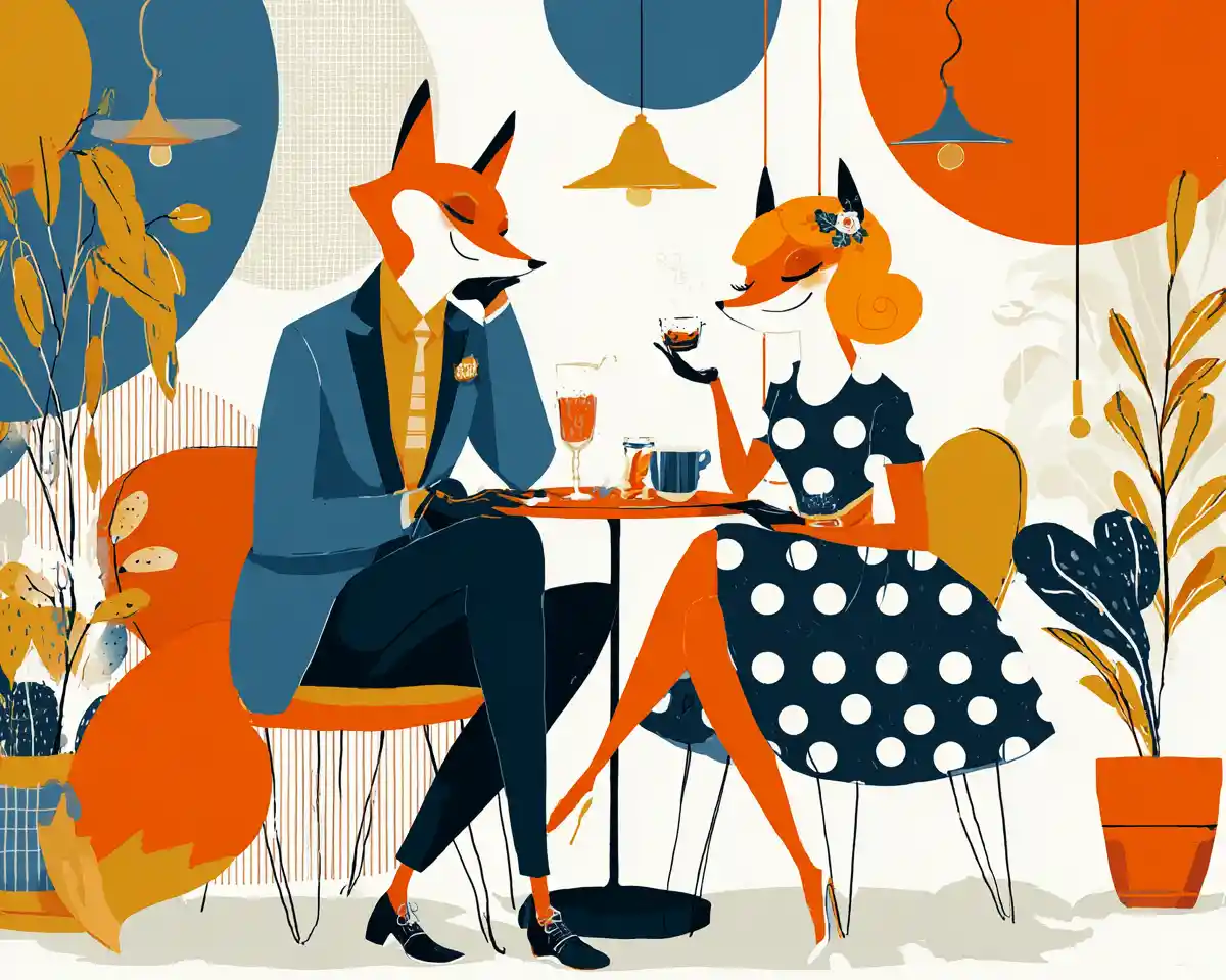 Stylish fox couple relaxing in a Nordic cafe illustration
