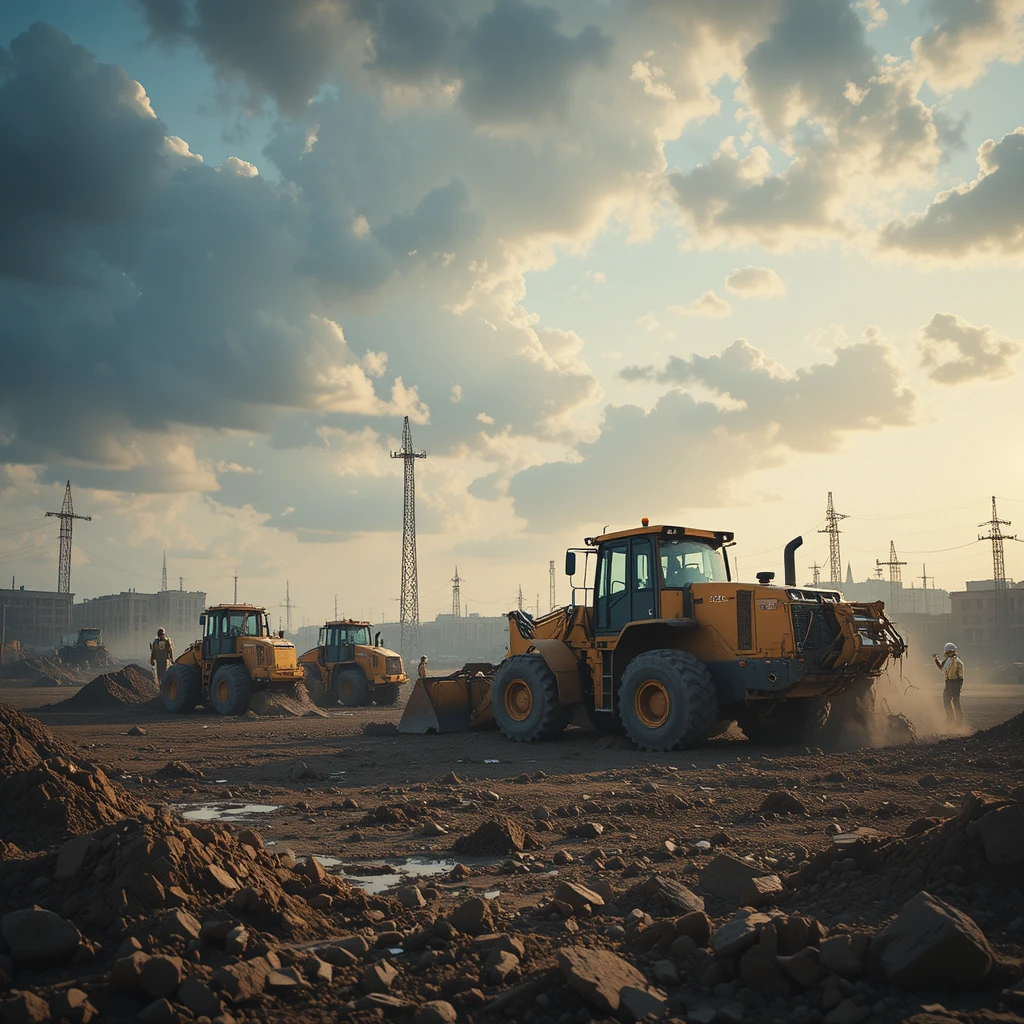 Bulldozers despejando una obra urbana al atardecer