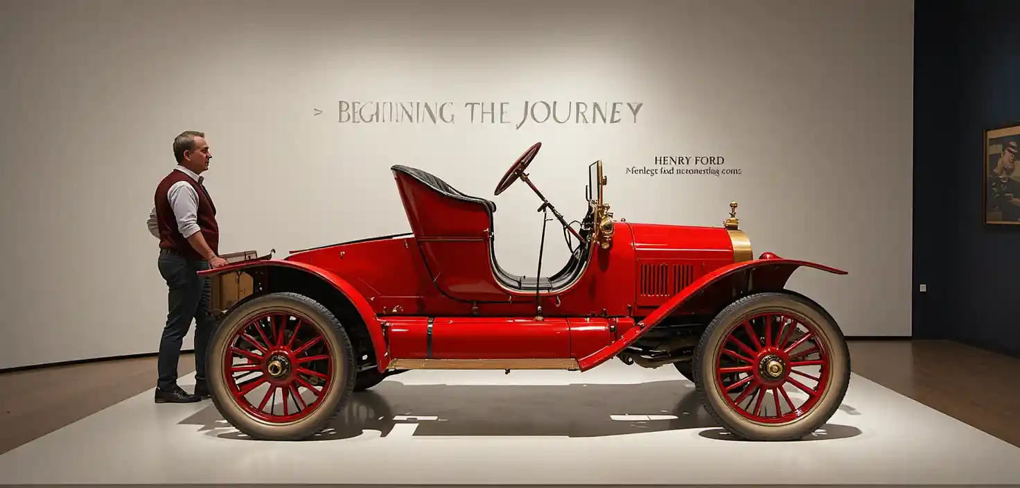 Red vintage Ford car on display in a museum gallery
