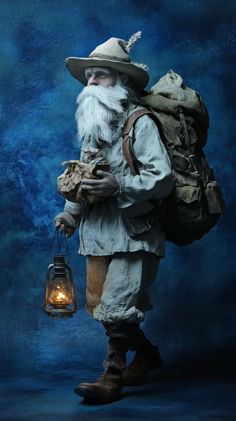Elderly traveler holding lantern on blue minimalist background
