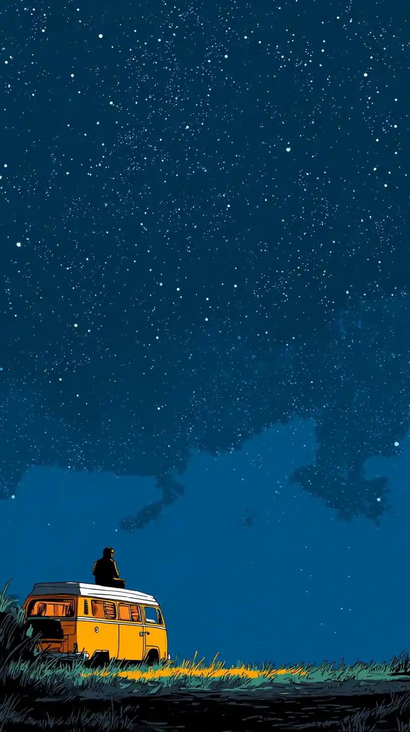 Uomo che Medita sul Tetto di un Furgone sotto un Cielo Notturno Stellato