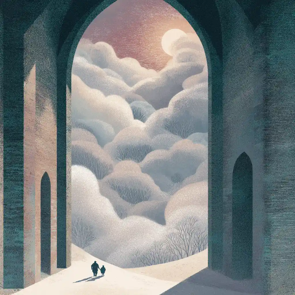 Two boys wander through a surreal cathedral of clouds