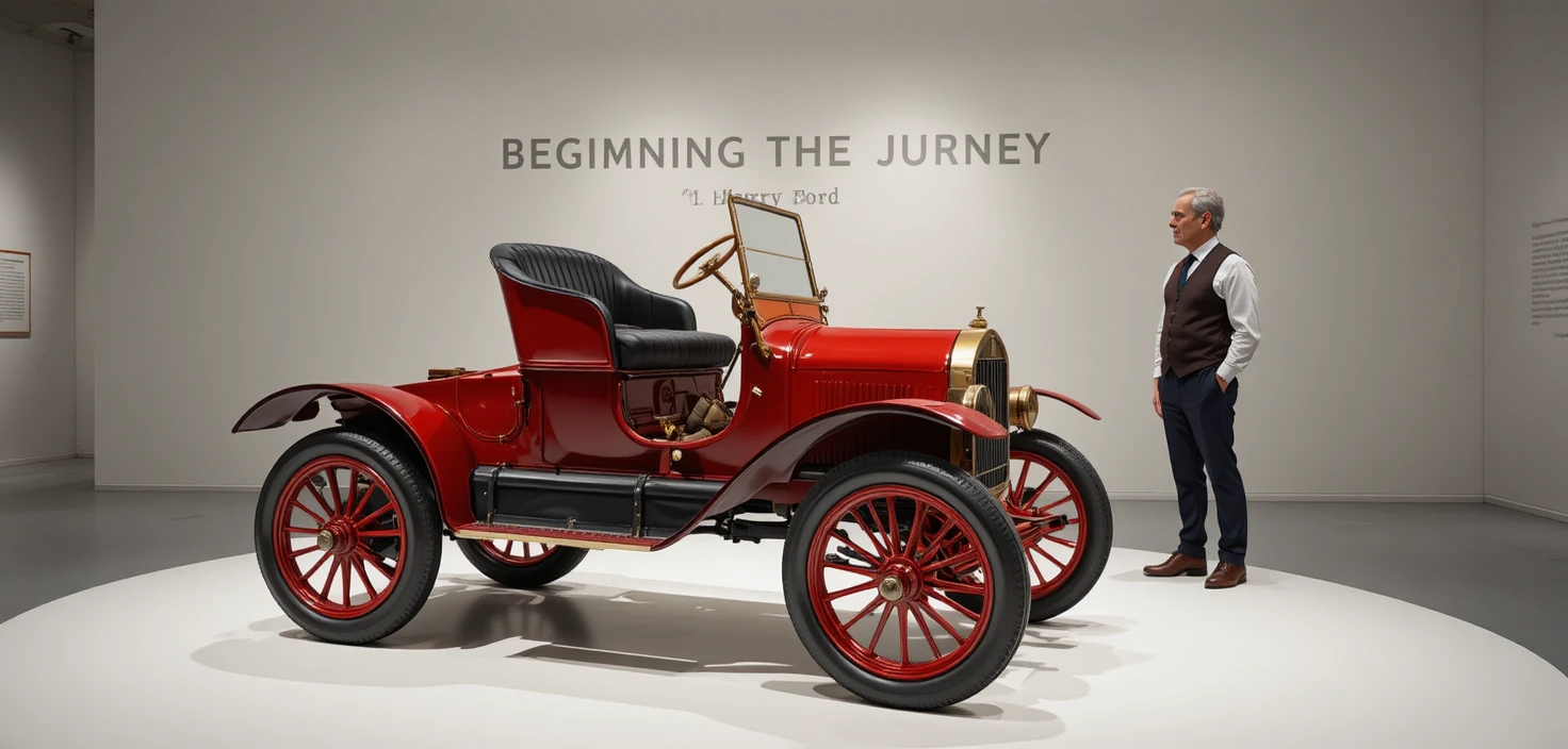 Red vintage ford car displayed on a white museum platform