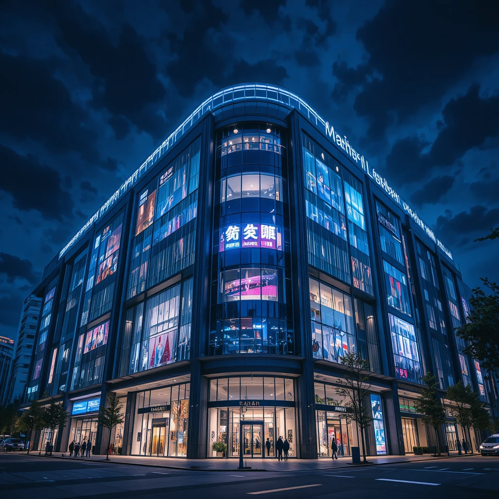 Luxury mall exterior glowing with LED lights at night