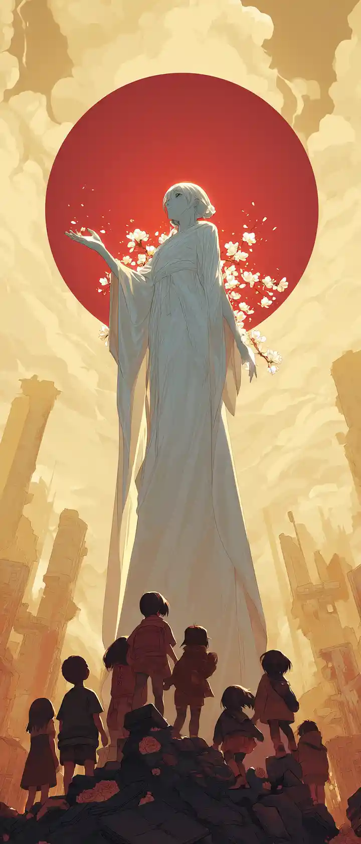 Ethereal guardian woman shielding children above ruined city