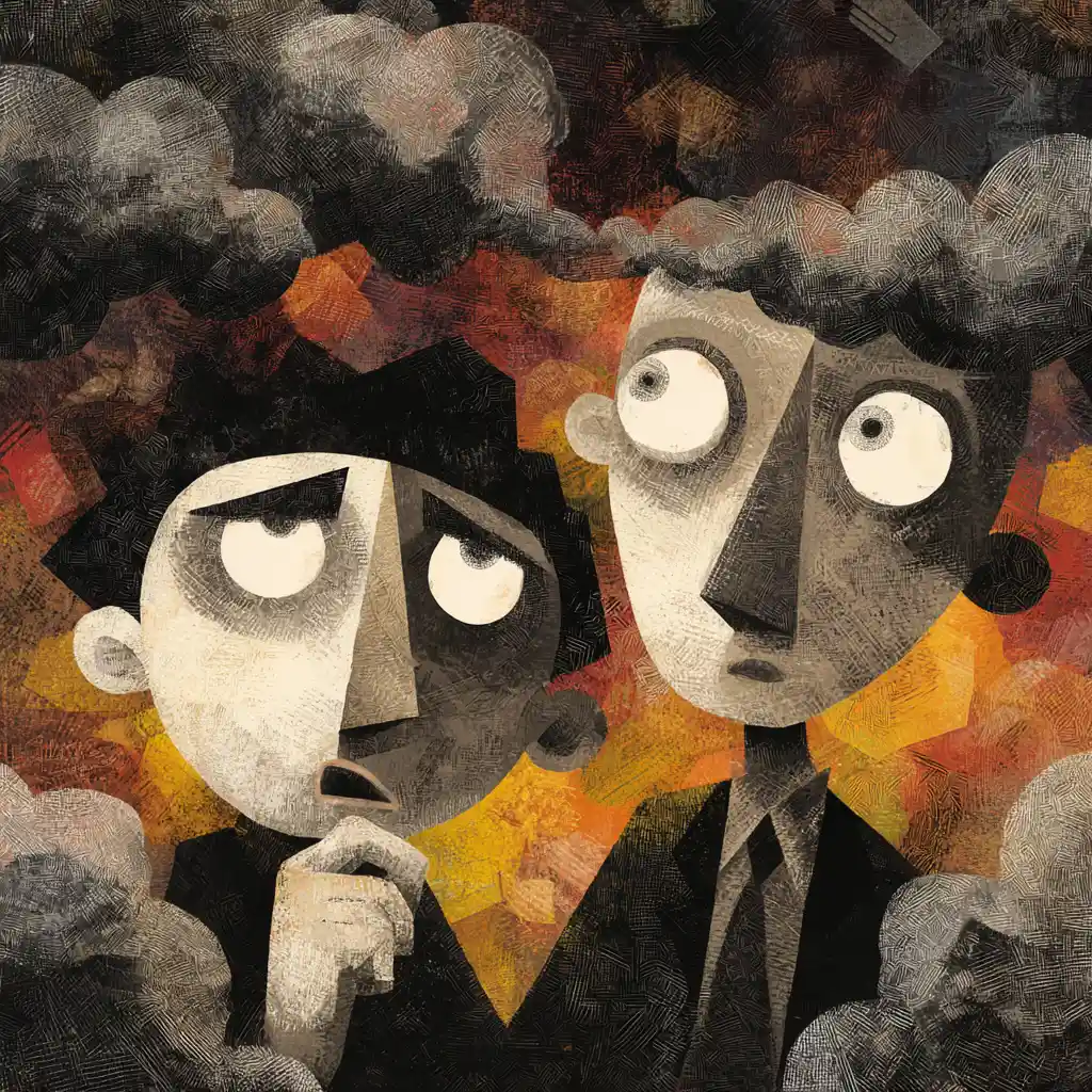 Children wandering through a surreal cathedral of clouds