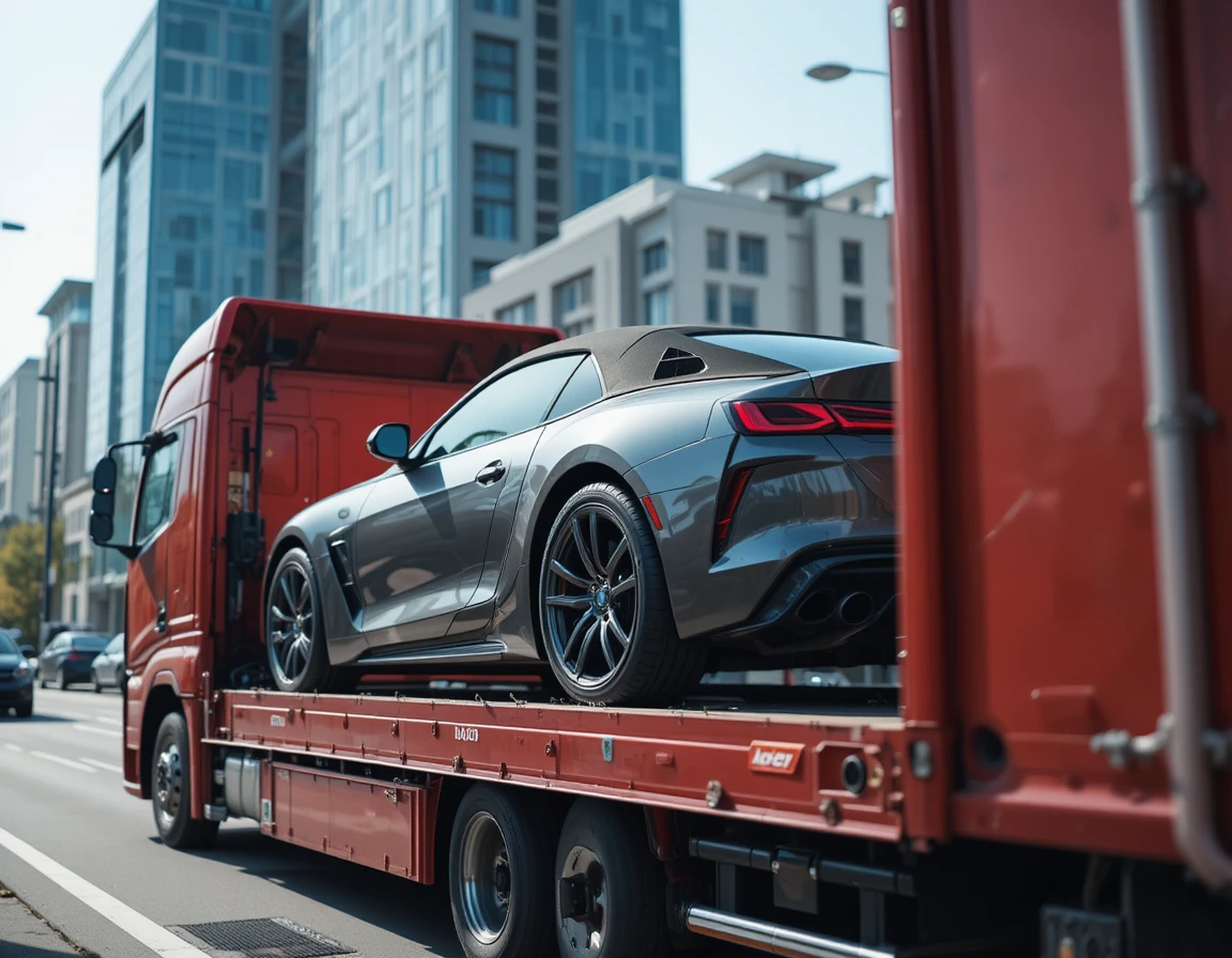 近代的な街でグレーのコンバーチブルを運ぶ赤いレッカー車